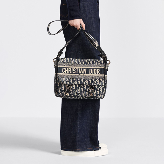 dior camp large blue oblique jacquard canvas flap messenger crossbody shoulder bag